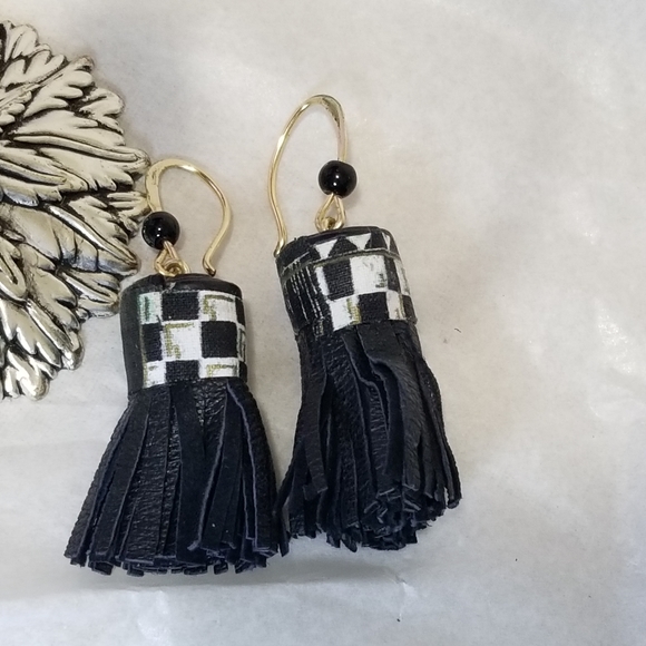 Leather and Copper Afro Boho Chic Black Tassel Earrings. 2.75" - Picture 7 of 8